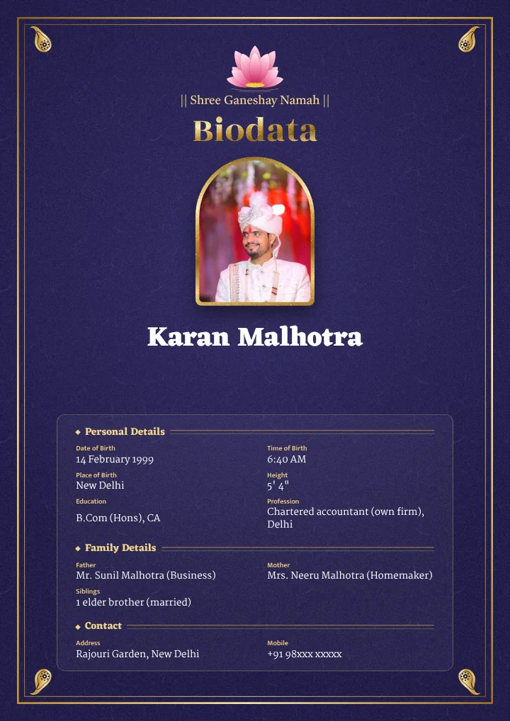 Regal Midnight marriage biodata design